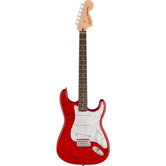 FSR Affinity Series Stratocaster QMT, Laurel Fingerboard, White Pearloid Pickguard, Crimson Red Transparent
