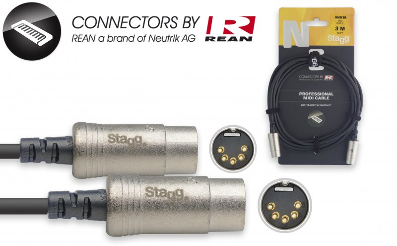 Stagg NMD3R - Câble Midi Din5 Mal / Din5 Mal - 3M