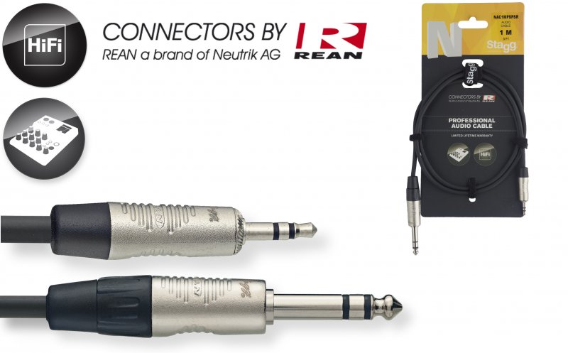 Stagg NAC1MPSPSR - Câble Audio Rean Mini-Jack Mal / Jack Mal - 1M