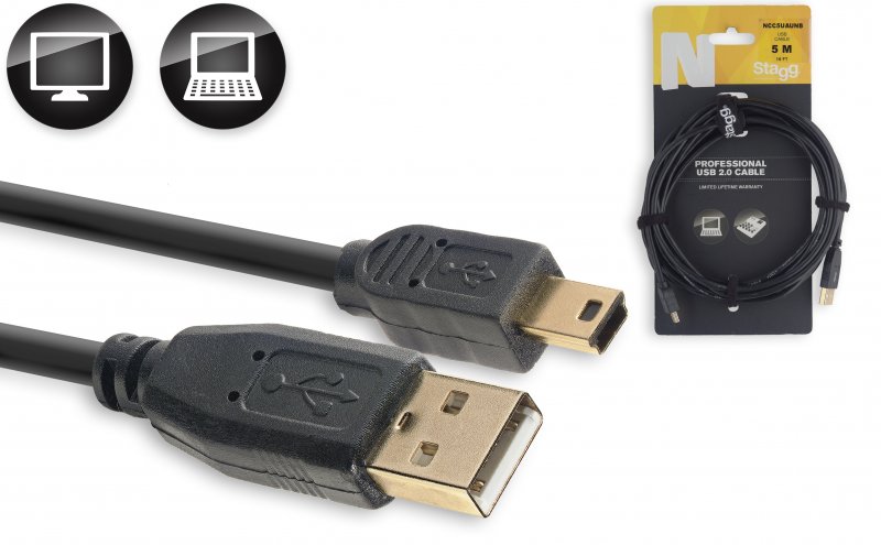 Stagg NCC5UAUNB - Câble Ordinateur Mini-USB B / USB A - 5M
