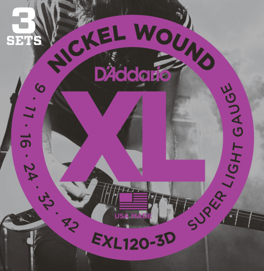 --- DISCONTINUE ---Cordes Guitare Electrique D'Addario EXL120-3D 09-42 Pack 3 Cordes